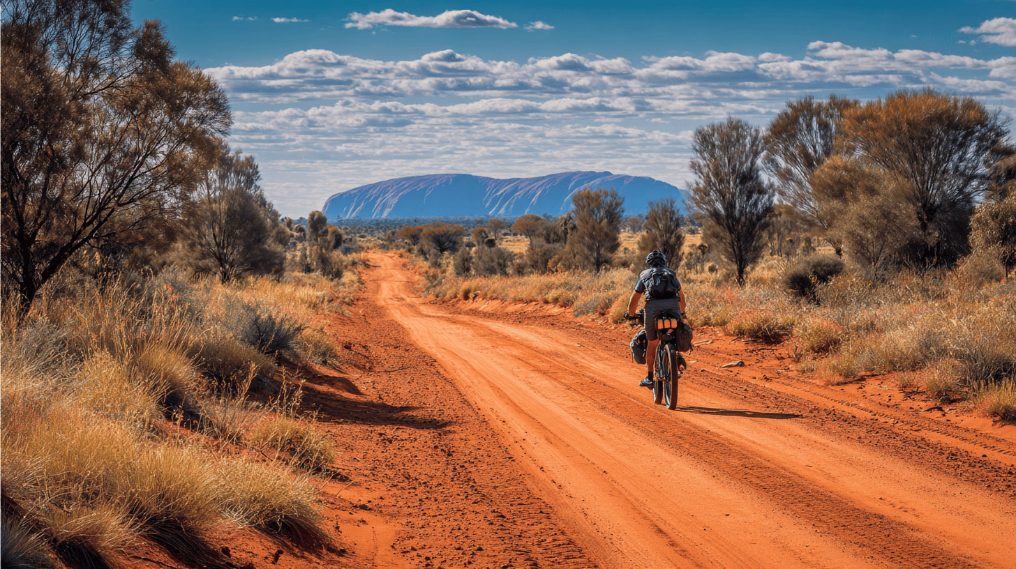 Cyclist on red dirt road in Australian Outback