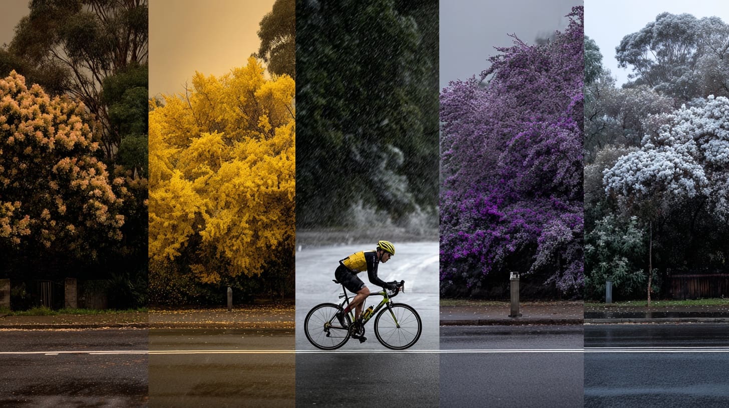 Four panel image showing cyclist in different seasonal conditions