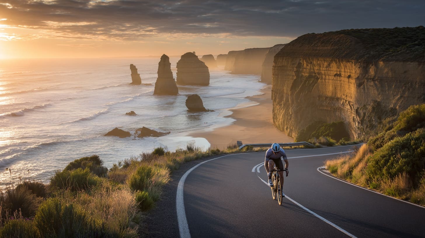 Cyclist on the Great Ocean Road with ocean views